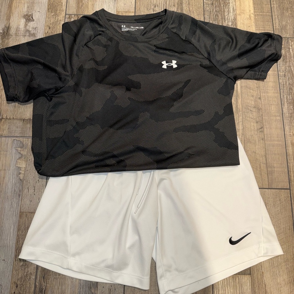 Under Armour Black Camo T-Shirt and Nike White Shorts Boys XL and men’s small